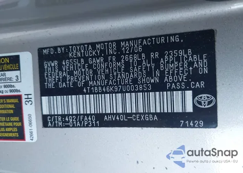 2007 Toyota Camry Hybrid из США, поврежденный, VIN 4T1BB46K97U003853